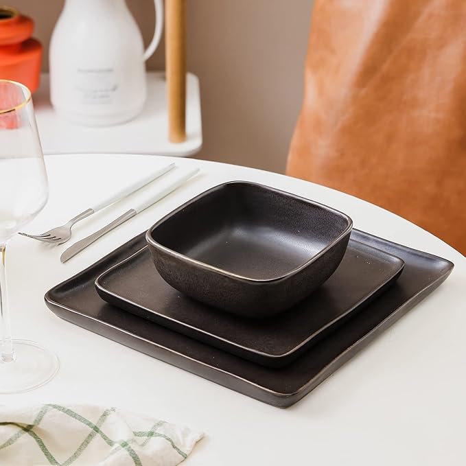Stone Lain Jonny Stoneware 12 Piece Dinnerware Set, Home Kitchen Modern Square Dish Set with Dinner Plates, Salad Plates, & Bowls, Brown