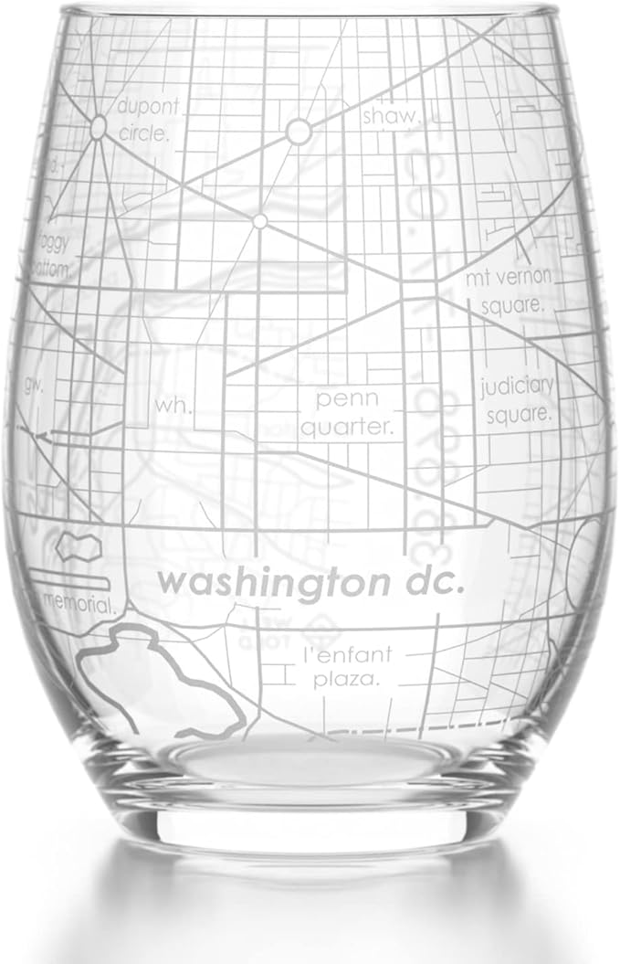 Well Told Engraved Washington DC Map Stemless Wine Glass, Etched Glassware (15 oz, Clear) City Map Gift, Custom Barware, Gifts for Wine Lovers