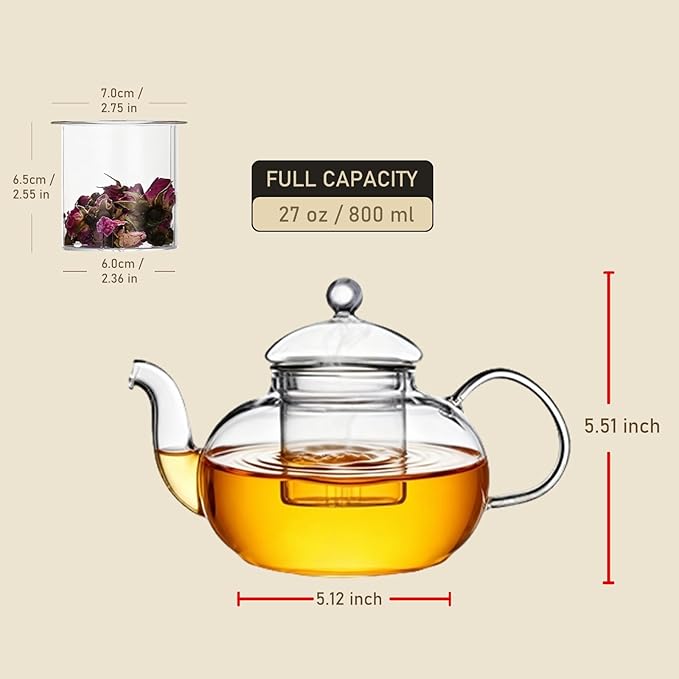 800ml(27oz) Borosilicate Glass Teapot with Removable Glass Infuser, Stovetop Safe Clear Tea Kettle for Blooming and Loose Leaf Tea