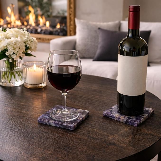 Set of 4 Luxury Natural Amethyst Coasters Set – Handcrafted Stone Drink Coasters for Serveware, Wine Coasters, Bar Coasters, Coffee Table Decor, Housewarming Gift & Wedding Gift – Modern Home Decor