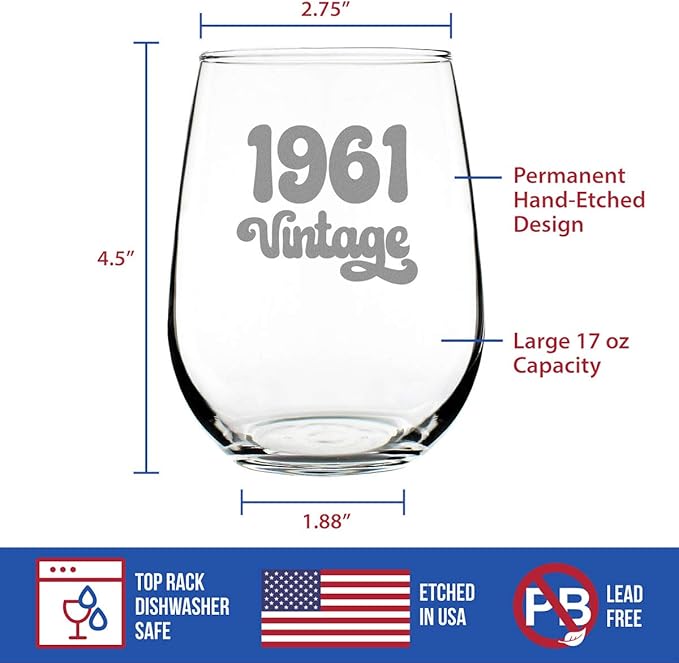 Bevvee Vintage 1961 Stemless Wine Glass - 65th Birthday Gifts for Women & Men Turning 65 - Bday Party Decor - Large 17 oz