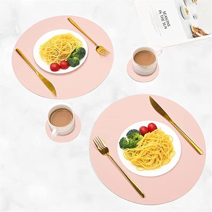 Pink PU Home Placemats and Coasters Set Washable Round Table Mat Waterproof Coffee Mats Heat- Table Place Mat(Circle Pink)