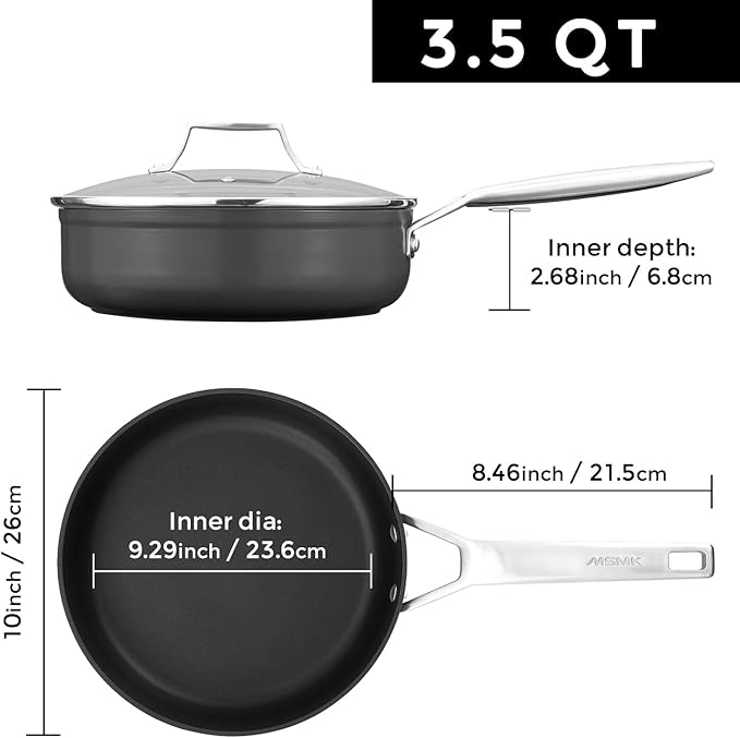 MsMk 3.5 Quart Deep Frying pan, 10-inch Durable pans for refreshing old saute pan with lid, Deep and straight edge, Easy Clean-Up, Even Heating, Comfortable Handling, Induction Compatibility,