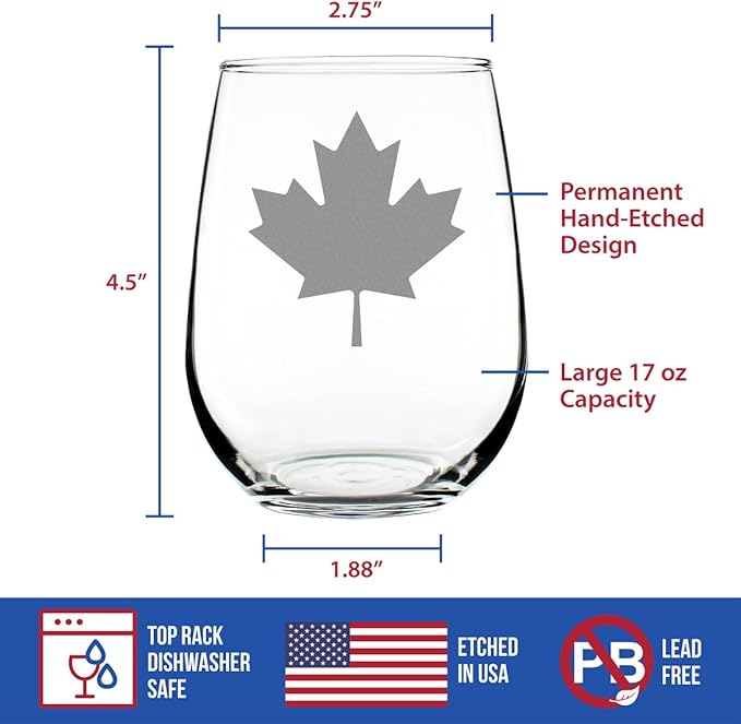 Bevvee Canada Maple Leaf Stemless Wine Glass - Canadian Flag Gifts and Decor for Women and Men - Large 17 Oz Glasses