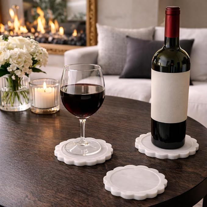 Set of 4 Handmade Natural Marble Coasters Set – Stone Drink Coasters for Coffee Table Decor, Wine & Bar Coasters, Serveware, Housewarming Gift, Wedding Gift & Home Styling, Table Organizer