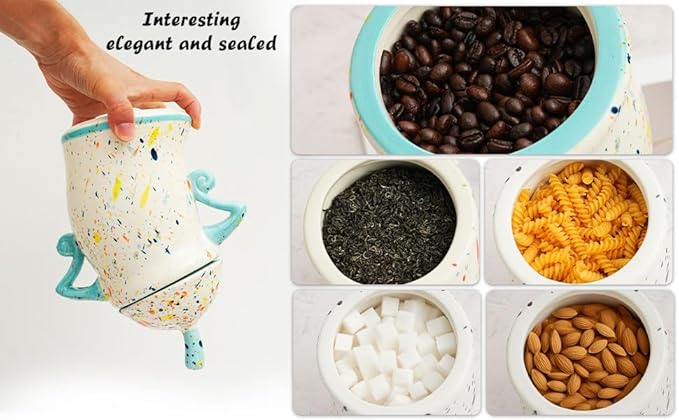 Ceramic Jar With Attitude Food Storage Jar With Airtight Lid Decorative Kitchen Container For Coffee Beans Tea Flour Sugar Pasta Cookies (Macaron color)