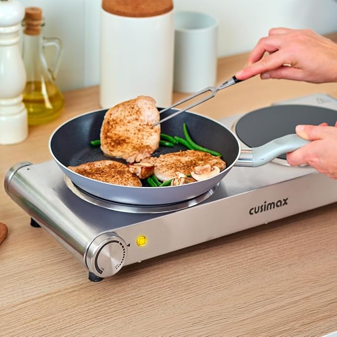 Double Burner, CUSIMAX Electric Burner 1800W Ceramic Hot Plate for Cooking, Glass Plate Infrared Burner, Portable Dual Control Electric Cooktop, Stainless Steel-Upgraded Version