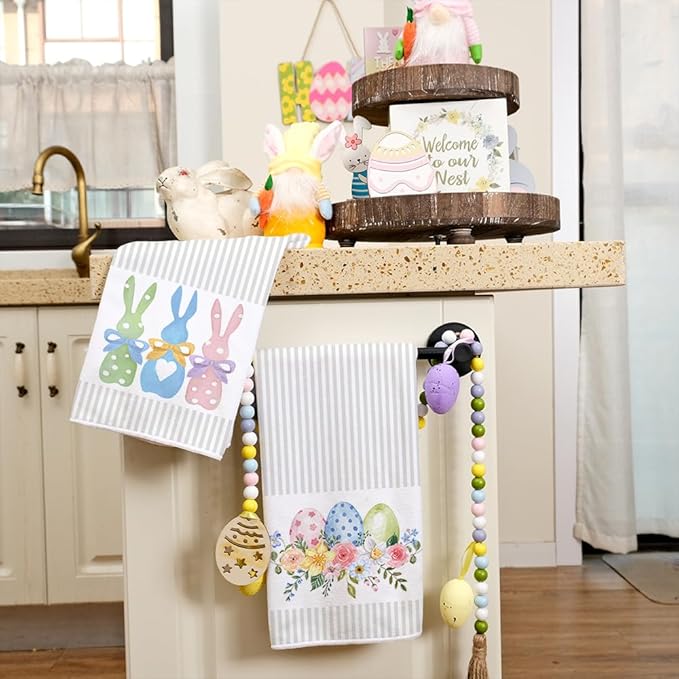 ARKENY Easter Kitchen Towels Set of 2,Beige Pink Bunny Floral Eggs Dish Towels 18x26 Inch Drying Dishcloth,Farmhouse Home Seasonal Spring Decorations AD217