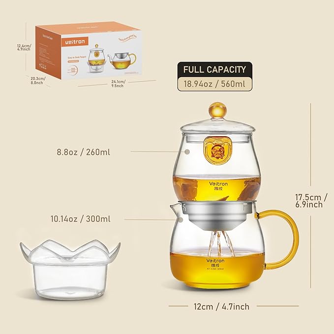 560ml (18.94 oz) Borosilicate Glass Teapot Set, 2-in-1 Gongfu Tea Brewer with Upper Brewing Pot and Lower Serving Kettle, Clear Teapot with Base for Blooming and Loose Leaf Tea