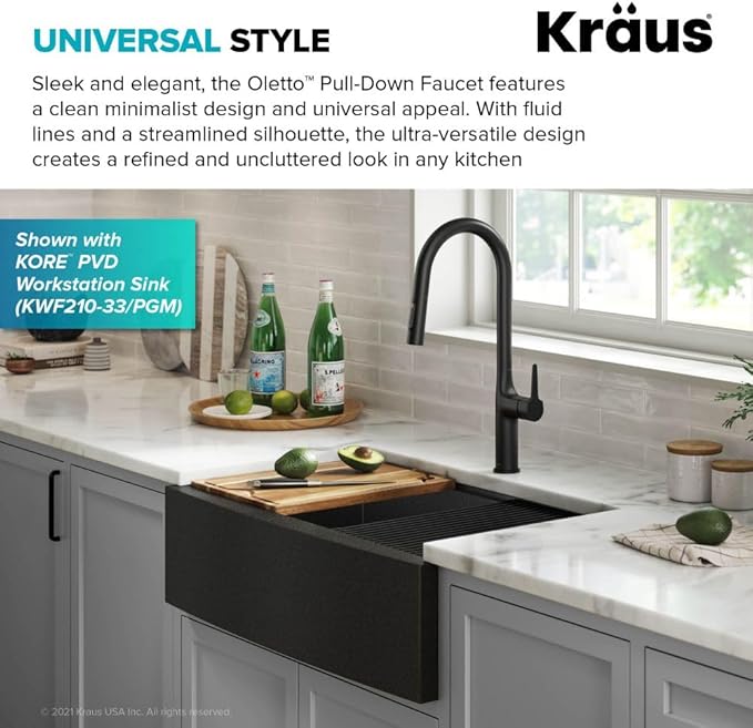 KRAUS Oletto Tall Modern Pull-Down Single Handle Kitchen Faucet in Matte Black, KPF-3101MB