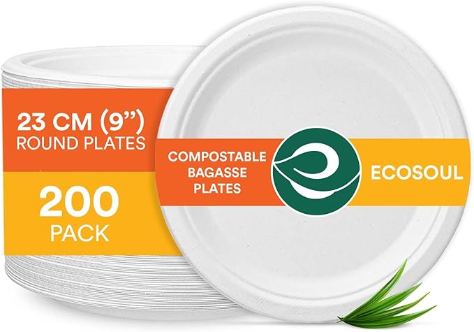 ECO SOUL Compostable 9 Inch(200-Pack) Biodegradable Heavy-Duty Disposable Eco-Friendly Paper Plates for Dinner & Parties, Wedding, Event(White)