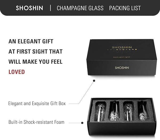 SHOSHIN Stemless Champagne Flutes, Hand Made, Set of 4, Toasting champagne glasses, Wedding Party Cocktail Cups, Wine Flute, Mimosa Glasses Set, Water Glasses, Highball Glass, 9.5oz