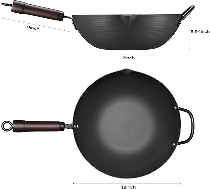 Wok, 13 Inch carbon steel wok pan with steamer & stir-fry pans nonstick, Pre-Seasoned 5.8QT Flat Bottom Chinese Woks Paella Pan with lid, Carbon Steel Cookware, Compatible with All Cooktops
