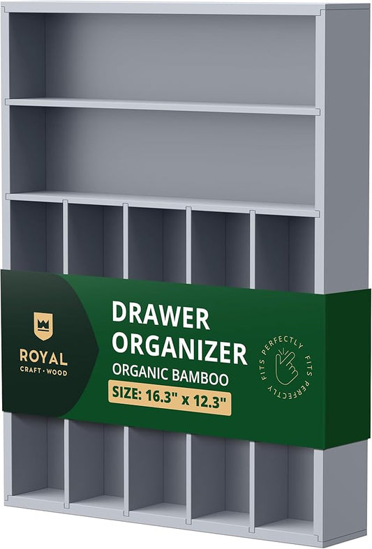 ROYAL CRAFT WOOD Luxury Bamboo Kitchen Drawer Organizer - Silverware Organizer - Utensil Holder and Cutlery Tray with Grooved Drawer Dividers for Flatware and Kitchen Utensils (7 Slot, Gray)