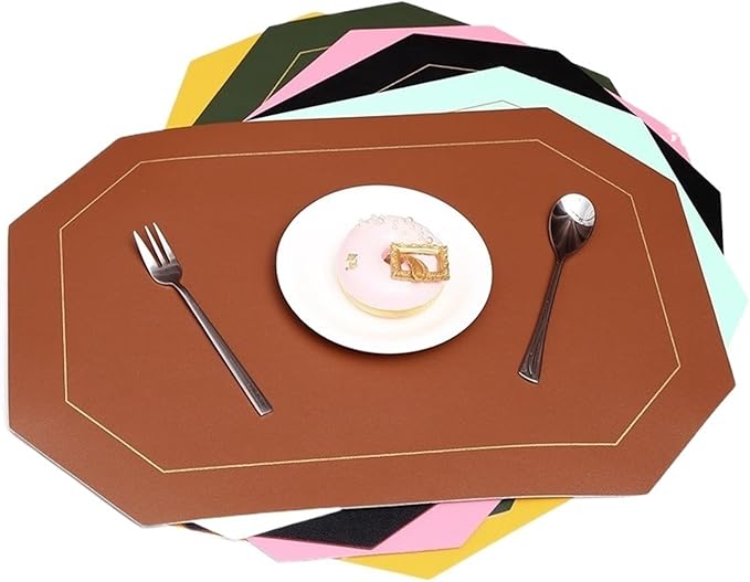 Placemat for Dining Table Waterproof Non-Slip Octagonal Leather Place Mat Kitchen Accessories Coaster Cup Pad Two Sided Color(Wine red)