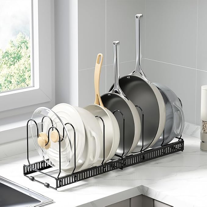 Expandable Pots and Pans Organizer Rack, Pot Lid Kitchen Cabinet Organizer Holder with 10 Adjustable Compartment, Cookware Rack for Kitchen Cabinet Storage, Black