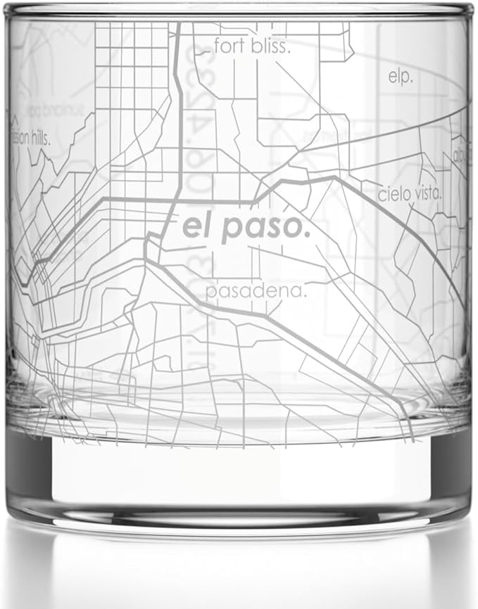 Well Told Engraved El Paso Texas Map Rocks Glass, Old Fashioned Glassware (11 oz, Clear) Etched Bourbon Tumbler, Gifts For Whiskey Lovers