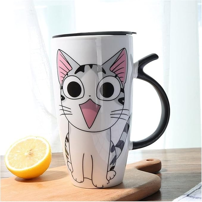 Cute Cat Ceramics Coffee Mug with Lid Large Capacity 600ml Animal Mugs Creative Drinkware Coffee Tea Cups Novelty Gifts Milk Cup(B)