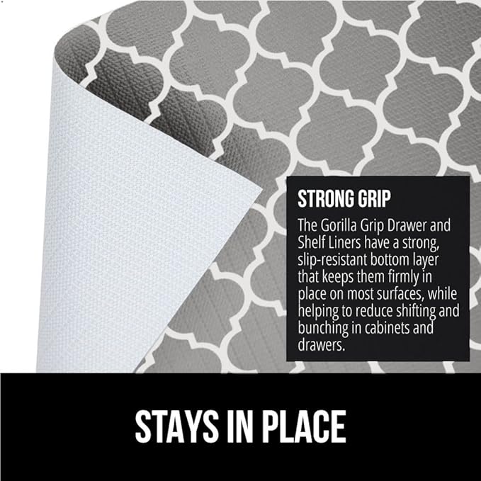 GORILLA GRIP DripGuard Shelf Liner, Non Adhesive Drawer and Kitchen Cabinet Protector, 20x240 Inch, Slip Resistant BPA Free Smooth Surface Plastic Liners for Cabinets, Bathrooms, Closets, White Gray