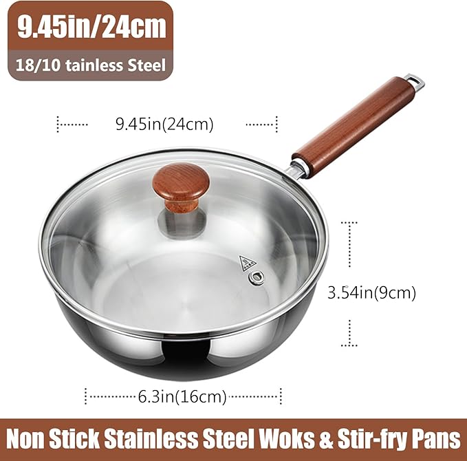 5-Ply Stainless Steel Wok Pan with Lid, Wide & Deep Cookware Stir-Fry Pans, Non-Stick Wok, Scratch-Resistant Pans for Cooking,Compatible with All Cooktops,Wok,9.45IN