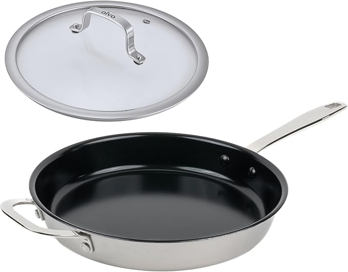Alva Maestro 11-Inch Ceramic Nonstick Stainless Steel Frying Pan with Glass Lid – Made Without PFAS, PTFE, PFOA-Ceramic Coating, Even-Heat Base, Oven & Induction Compatible, Stay-Cool Handle