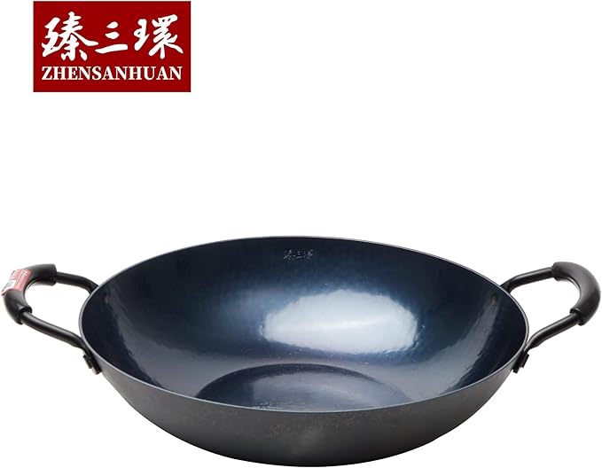 臻三环 ZhenSanHuan HandHammered Iron Wok Flat Bottom Induction Suitable (32cm 2 handles)