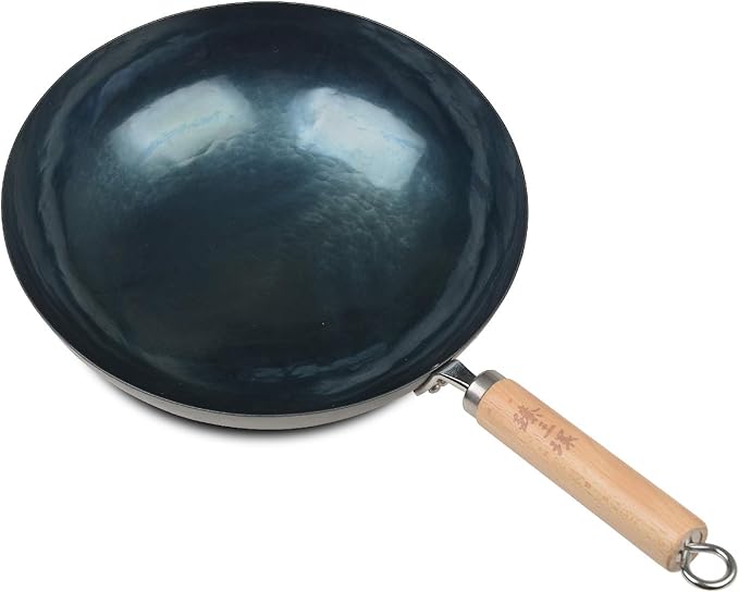 ZhenSanHuan Chinese Hand Hammered Iron Pow Woks and Stir Fry Pans Wooden Handle Round Bottom (30CM, Blue Black -Seasoned)
