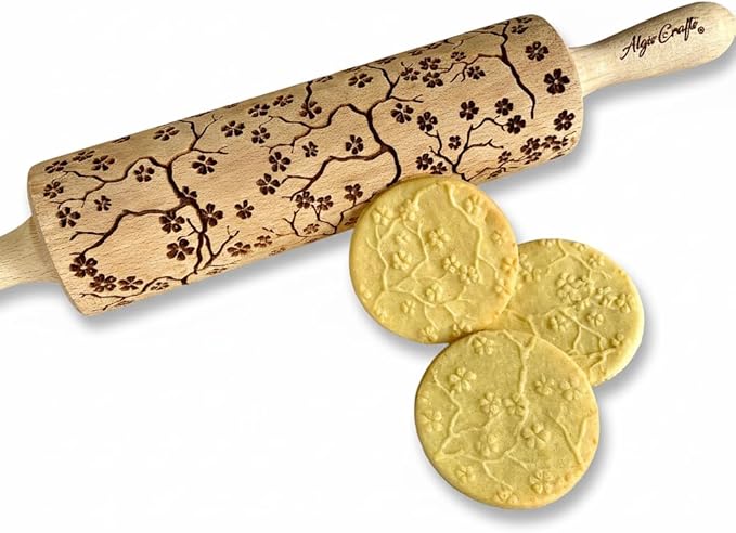 SAKURA TREE Embossing Rolling Pin with Blooming Sakura Flowers Pattern. Dough and Clay Roller for Embossed Cookies Fondant Pottery. Cookie and Ceramic Stamp. Backing Gifts for Women by Algis Crafts