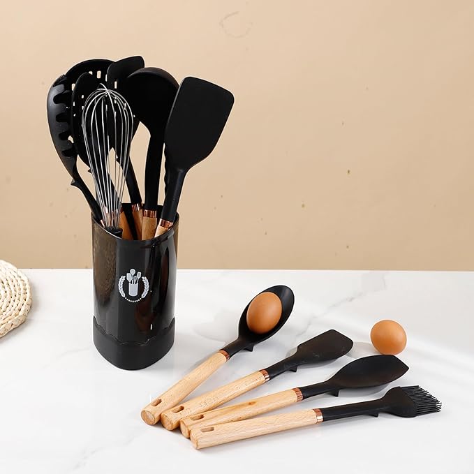 Silicone Cooking Utensils Set, Kitchen Utensils Set 13 Pcs for cooking, BPA Free Spatula Set with Heat Resistant Wood Handles for Nonstick Cookware (Black)