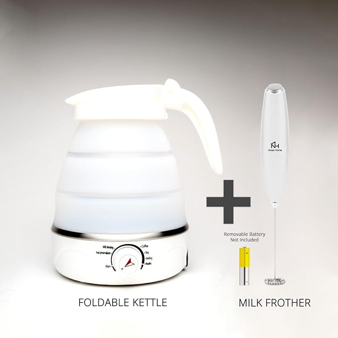 Nikao Home Foldable Electric Kettle With Milk Frother and Foldable Cup –Travel Kettle, Portable Tea Kettle for Travel, Mini Collapsible Water Warmer, Compact Design for Easy Storage and Quick Heating.