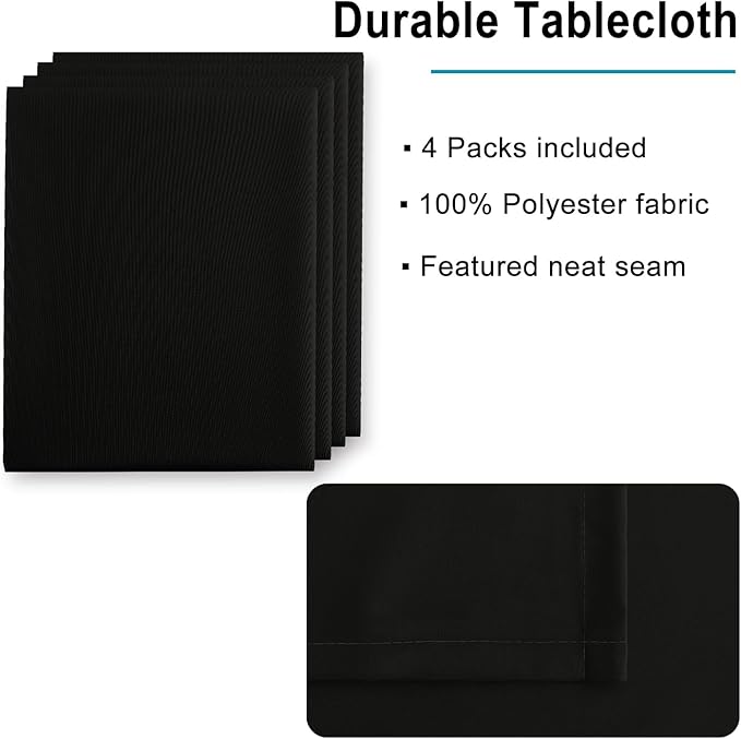 Hiasan 4 Pack Black Tablecloth Rectangle - Waterproof and Wrinklr Resistant Washable Polyester Fabric Table Cloth for Dining Room and Outdoor Use, 54 x 80 Inch