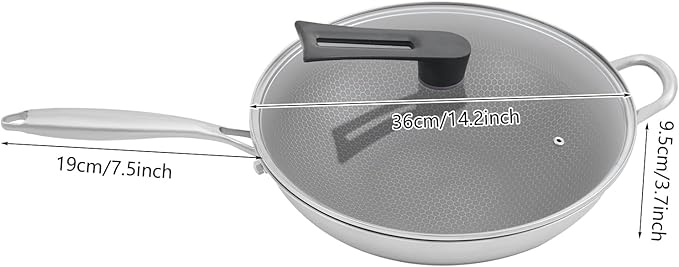 Stainless Steel Honeycomb Wok, Non-stick Cooking Frying Pan with Lid, Stir-fry Pan for Gas Stoves, Concave Induction, Ceramic, Electric Stoves (14.2 * 3.7in)