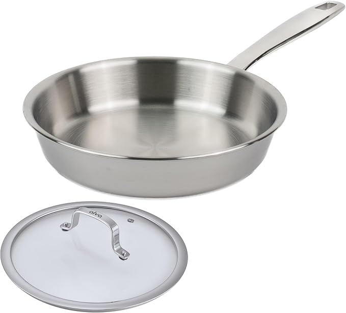 Alva Maestro 9.5" 5-Ply Stainless Steel Frying Pan & Glass Lid – Made Without PTFE/PFOA/PFAS, Non-Toxic & Oven Safe Cookware – Induction Compatible, Even Heat Distribution, Ergonomic Stay-Cool Handle