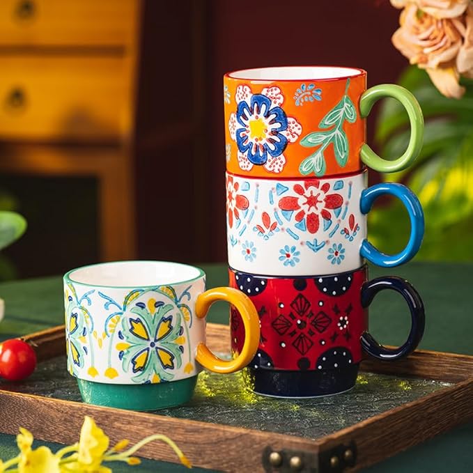 Floral Stackable Ceramic Coffee Mugs - Set of 4 with Stand, 12.5 oz Multi-Color Porcelain Cups for Latte, Cappuccino, Tea, Hot Cocoa - Dishwasher & Microwave Safe (Floral)