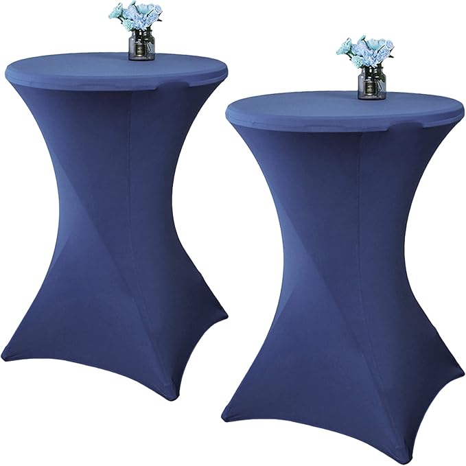 2 Pack 32x43 Inch Navy Cocktail Tablecloth Spandex Round Fitted Table Cover for Wedding Banquet Event Party