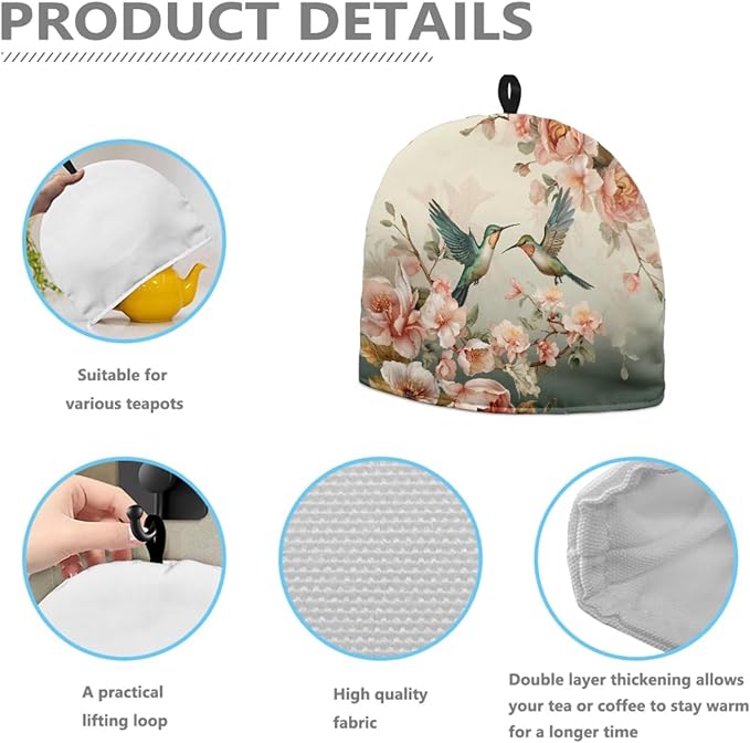 Tea Cozy for Teapots with Handle, Hummingbird & Flower Print Dust Insulated Cover, Hanging Fold-Up Design, Suitable for Kitchen and Living Room Table Decoration