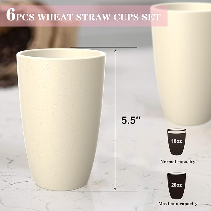 Homienly Wheat Straw Cups - Unbreakable Cups Set of 6,20 oz Dishwasher & Microwave Safe Drinking Glasses for Everyday Use-Beige
