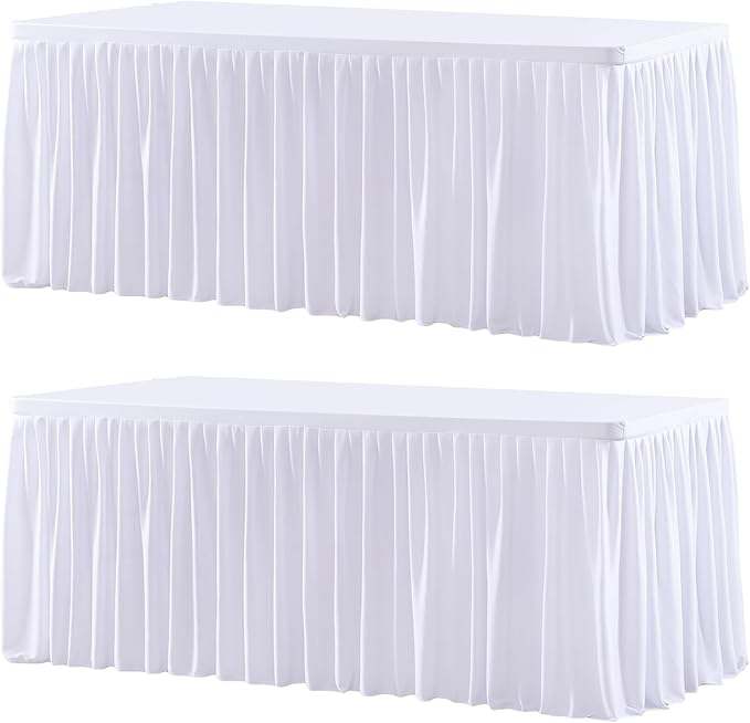 Wish Care 2 Pack White Rectangle Table Clothes for 8 Foot Tables, Polyester Fitted Tablecloths 8ft Stretch Table Cover for Wedding, Birthday, Parties, Trade Show, Craft Show