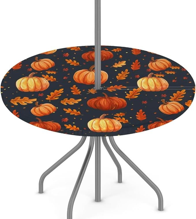 Outdoor Fitted Round Table Cloth with Umbrella Hole, Fall Pumpkin Circle Elastic Tablecloth 45"-56" Waterproof Zipper Patio Table Cover for Picnic Camping Party Halloween Christmas Decoration
