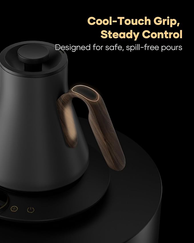 Gooseneck Electric Kettle with Precise ±1℉ Temperature Control, Wood-Accented Handle, Stainless Steel Interior, Quick Heating Pour Over Kettle for Coffee & Tea, 0.9L, Matte Grey