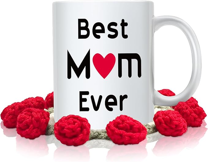 Mothers Day Best Mom Coffee Mug with Handmade Crochet Rose Coaster, Best Mom Ever Unique Christmas or Birthday Gifts Idea for Mother Mama Mommy Porcelain Cup White, 11 Oz