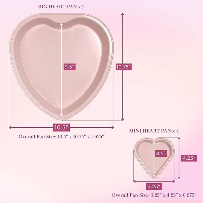 Paris Hilton Heart Shaped Nonstick Bakeware Set, Easy Release Carbon Steel, Includes two 9.5-Inch Pans and four Mini 3.5-Inch Pans, Dishwasher Safe, Made without PFAS or PFOA, 6-Piece Set, Pink