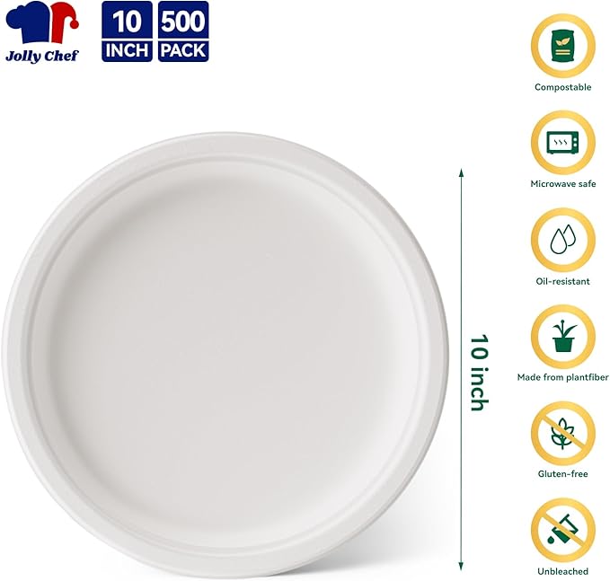 JOLLY CHEF Compostable Heavy Duty Plates 𝟭𝟬 𝗜𝗻𝗰𝗵 [𝟱𝟬𝟬 𝗣𝗮𝗰𝗸] Eco-Friendly Disposable White Uncoated Paper Plates Bagasse Sugarcane Biodegradable for Hot Cold Food Party Dinner Christmas