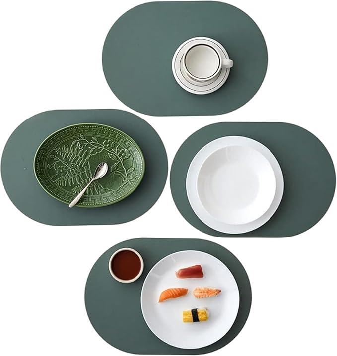 Set of 1/4 Double-Sided Color Oval Placemats Faux Leather PU Dining Table Mats Pads Waterproof Indoor Outdoor Decor(DS Grey Cream,44x30cm 1pcs)