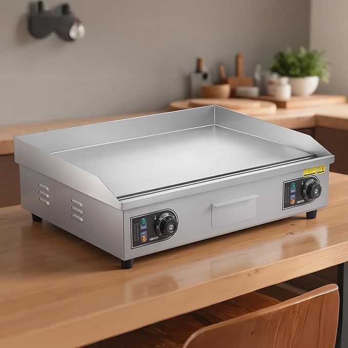 VEVOR Commercial Electric Griddle, 25.79 x 15.75 inch, 2800W, 122-570°F Adjustable Temp Control, Stainless Steel Body, Full Flat, with 2 Spatulas, 2 Brushes, and 4 Foot Pads, for Steak, Pancake