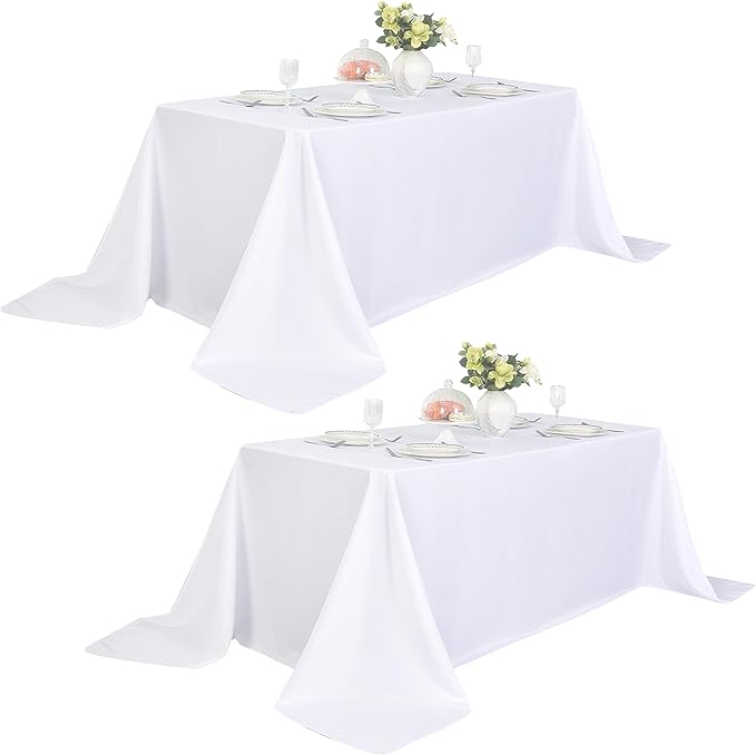 2-Pack 90x156 inch White Table Cloths, Solid Stain and Wrinkle Resistant Oblong Tablecloth, Premium Plain Weave Polyester Fabric Rectangle Table Linen Covers for Hotel, Banquet