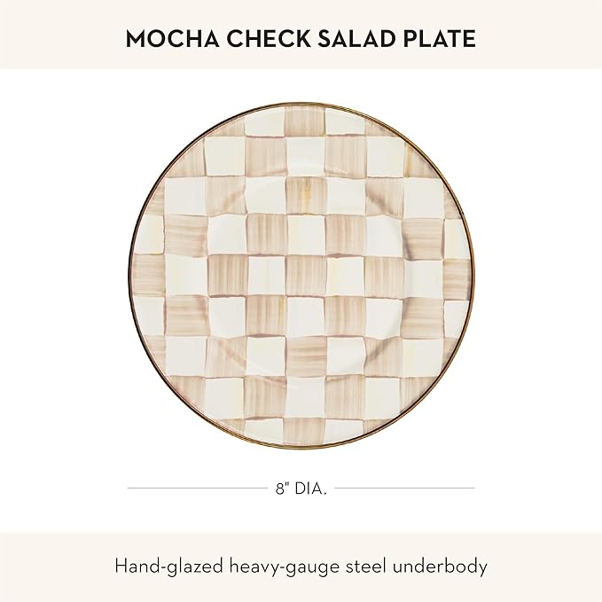 MACKENZIE-CHILDS Enamel Salad and Dessert Plate, Small Plate for a Dessert or Appetizer Dish, 8 Inches, Brown-and-White Mocha Check