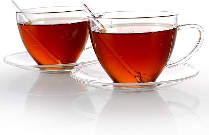 Teabloom Royal Teacup and Saucer Set 2-Pack – 12 OZ/ 350 ML Capacity – Glass Mug Set – Premium Borosilicate Glass – Durable and Heat Resistant