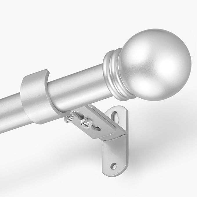 Curtain Rods for Windows 16 to 76 Inches, Curtain Rod Max Adjustable Length of 88 IN, 1" Diameter Drapery Rods Round Finials, Satin Silver, Pack of 1