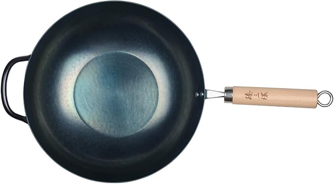 臻三环 ZhenSanHuan HandHammered Iron Wok Flat Bottom Induction Suitable (32cm WoodHandle with Help)